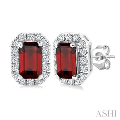 5x3 MM Octagonal Shape Garnet and 1/8 Ctw Round Cut Diamond Halo Semi-Precious Stud Earrings in 10K White Gold