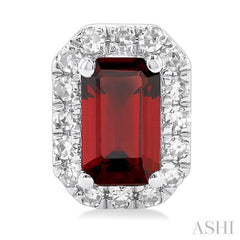 5x3 MM Octagonal Shape Garnet and 1/8 Ctw Single Cut Diamond Halo Semi-Precious Stud Earrings in 10K White Gold