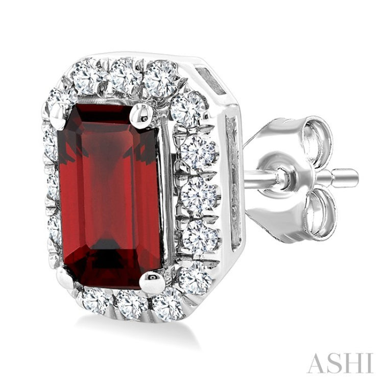 5x3 MM Octagonal Shape Garnet and 1/8 Ctw Round Cut Diamond Halo Semi-Precious Stud Earrings in 10K White Gold