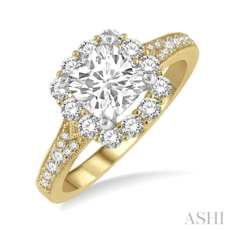 5/8 Ctw Cushion Shape Mount Round Cut Diamond Semi-Mount Engagement Ring in 14K Yellow and White Gold