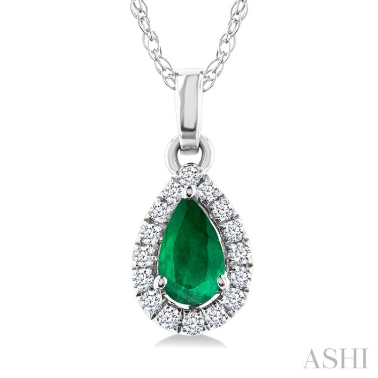 5x3 MM Pear Shape Emerald and 1/20 Ctw Round Cut Diamond Halo Precious Pendant with Chain in 14K White Gold