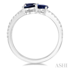 5x3 MM Pear Cut Sapphire and 1/4 Ctw Round Cut Embraced 3-Stone East-West Set Diamond Precious Open Fashion Ring in 14K White Gold
