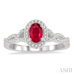 6x4 MM Oval Shape Center Stone Ruby and 1/5 Ctw Split Entwined Shank Round Cut Diamond Precious Ring in 10K White Gold