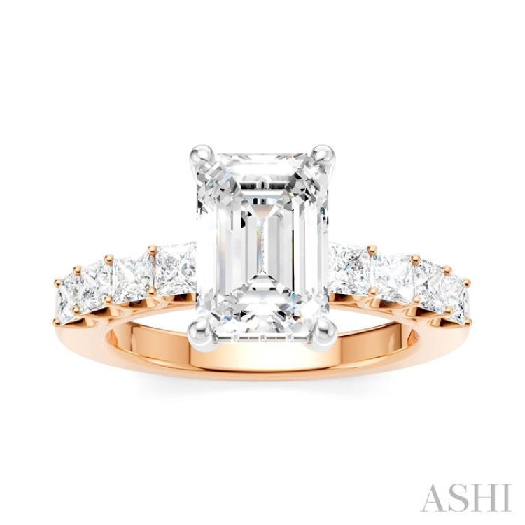 7/8 Ctw Emerald Shape Princess and Round Cut Diamond Semi-Mount Engagement Ring in 14K Rose and White Gold