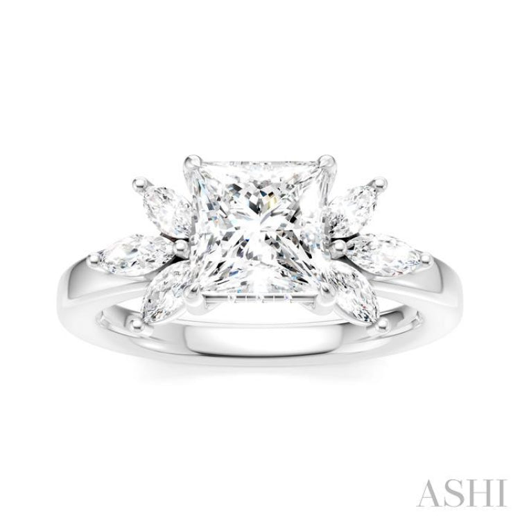 1/2 Ctw Akari Princess Shape Marquise and Round Cut Diamond Semi-Mount Engagement Ring in 14K White Gold