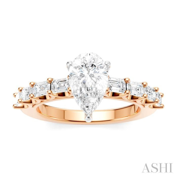 7/8 Ctw Pear Shape Emerald and Round Cut Diamond Semi-Mount Engagement Ring in 14K Rose and White Gold