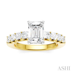 7/8 Ctw Emerald Shape Princess and Round Cut Diamond Semi-Mount Engagement Ring in 14K Yellow and White Gold