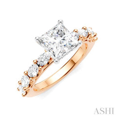 7/8 Ctw Princess Shape Oval and Round Cut Diamond Semi-Mount Engagement Ring in 14K Rose and White Gold