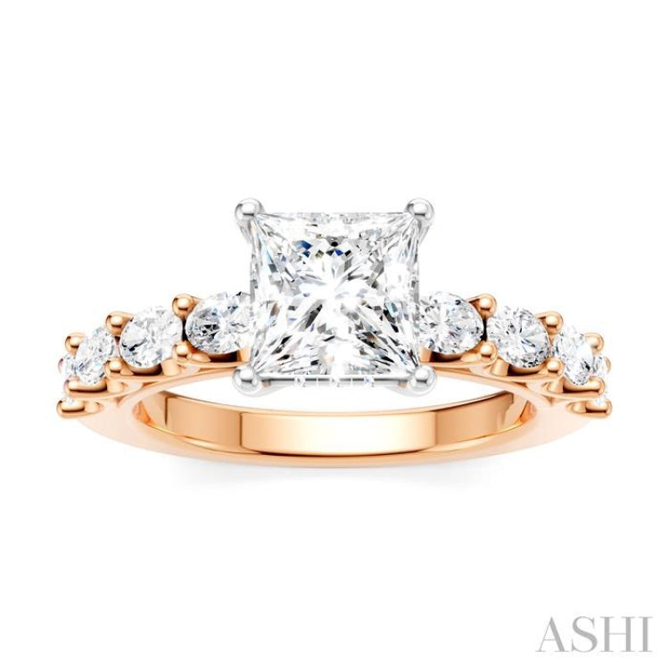 7/8 Ctw Princess Shape Oval and Round Cut Diamond Semi-Mount Engagement Ring in 14K Rose and White Gold