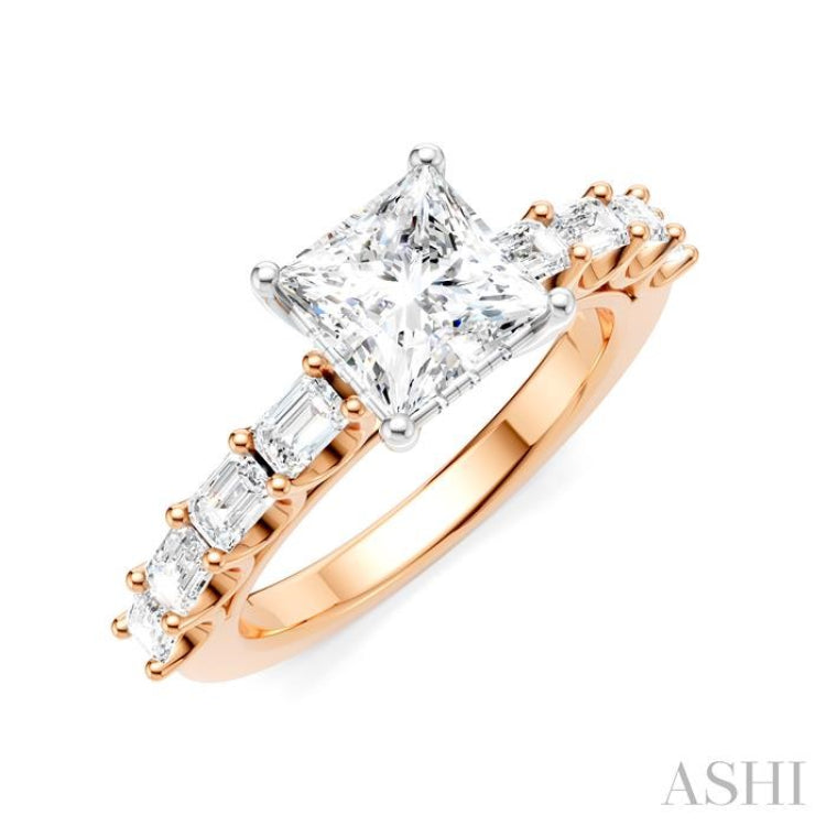 7/8 Ctw Princess Shape Emerald and Round Cut Diamond Semi-Mount Engagement Ring in 14K Rose and White Gold