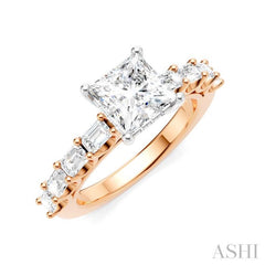 7/8 Ctw Princess Shape Emerald and Round Cut Diamond Semi-Mount Engagement Ring in 14K Rose and White Gold