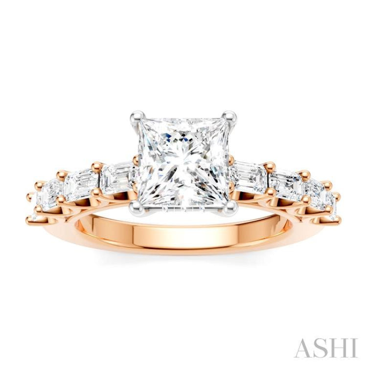 7/8 Ctw Princess Shape Emerald and Round Cut Diamond Semi-Mount Engagement Ring in 14K Rose and White Gold