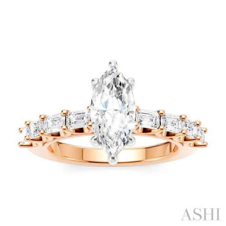 7/8 Ctw Marquise Shape Emerald and Round Cut Diamond Semi-Mount Engagement Ring in 14K Rose and White Gold