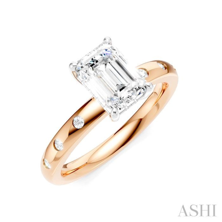 1/6 Ctw Akari Emerald Shape Round Cut Diamond Semi-Mount Engagement Ring in 14K Rose and White Gold