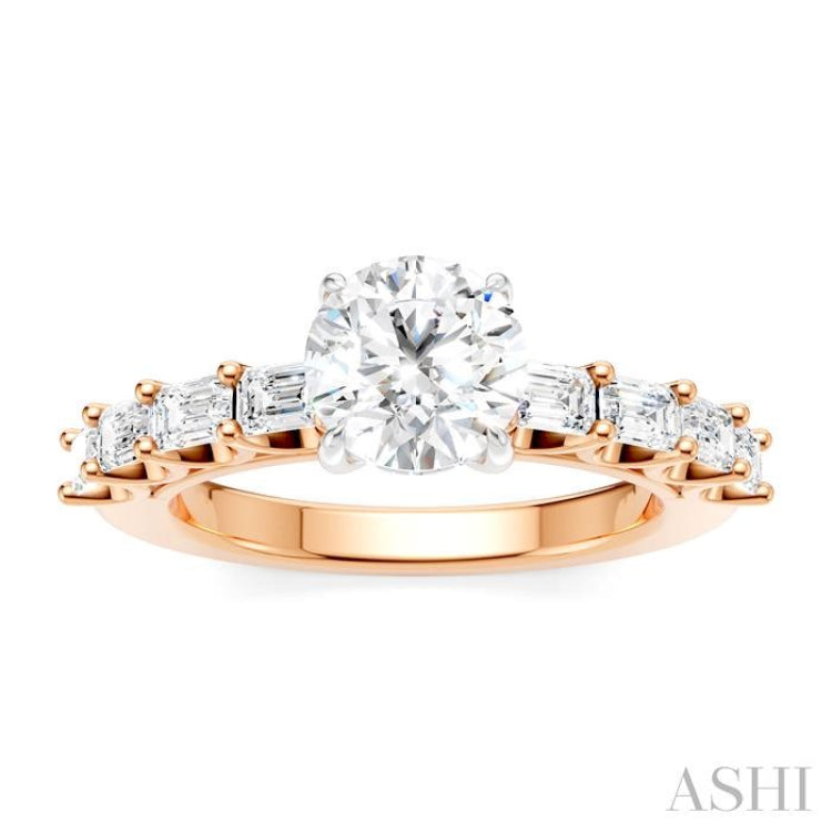 7/8 Ctw Round Shape Emerald and Round Cut Diamond Semi-Mount Engagement Ring in 14K Rose and White Gold