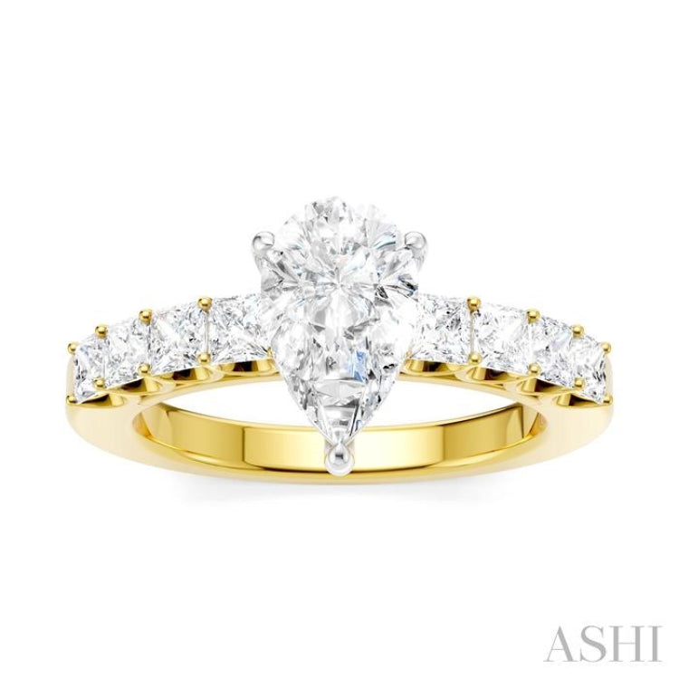7/8 Ctw Pear Shape Princess and Round Cut Diamond Semi-Mount Engagement Ring in 14K Yellow and White Gold
