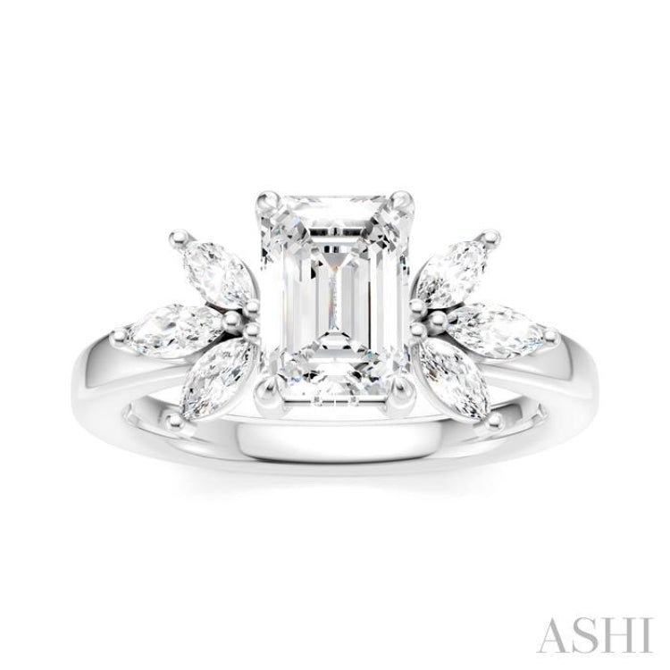 1/2 Ctw Emerald Shape Marquise and Round Cut Diamond Semi-Mount Engagement Ring in 14K White Gold