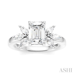 1/2 Ctw Emerald Shape Marquise and Round Cut Diamond Semi-Mount Engagement Ring in 14K White Gold