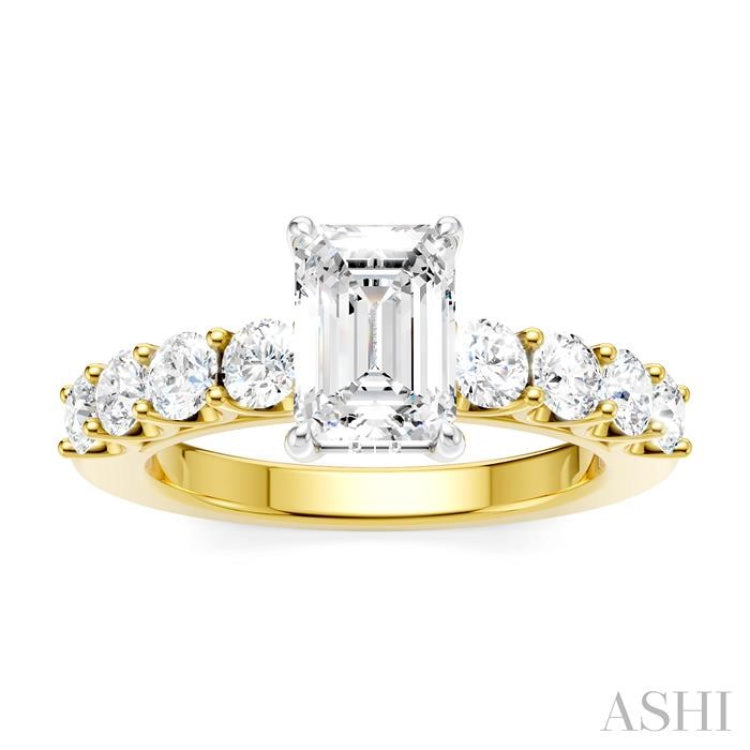 7/8 Ctw Emerald Shape Round Cut Diamond Semi-Mount Engagement Ring in 14K Yellow and White Gold