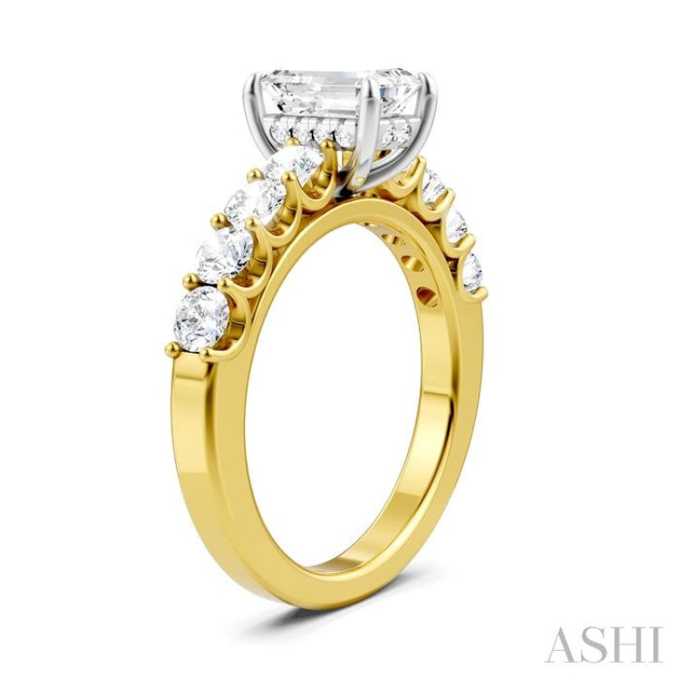 7/8 Ctw Emerald Shape Round Cut Diamond Semi-Mount Engagement Ring in 14K Yellow and White Gold
