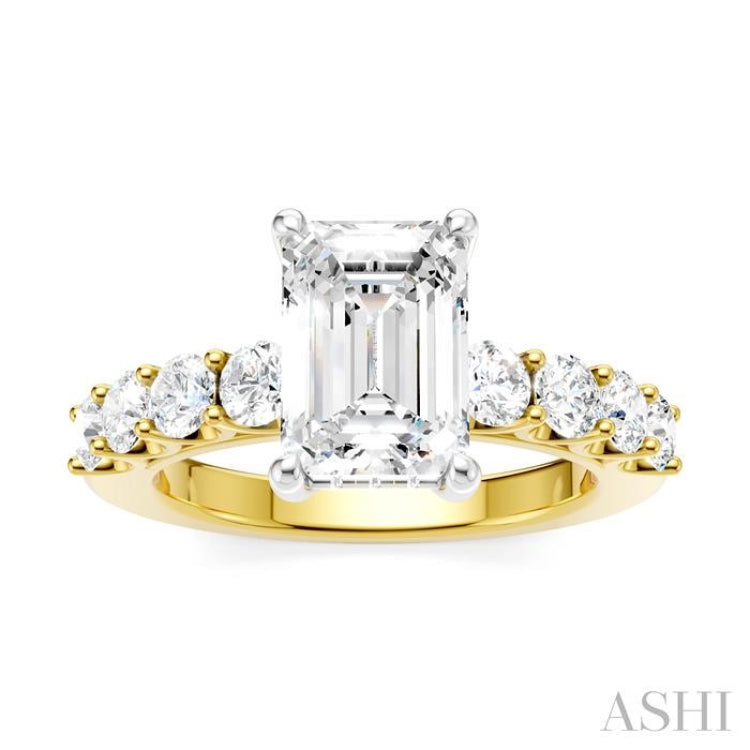 7/8 Ctw Emerald Shape Round Cut Diamond Semi-Mount Engagement Ring in 14K Yellow and White Gold