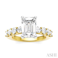 7/8 Ctw Emerald Shape Round Cut Diamond Semi-Mount Engagement Ring in 14K Yellow and White Gold