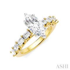 7/8 Ctw Marquise Shape Emerald and Round Cut Diamond Semi-Mount Engagement Ring in 14K Yellow and White Gold