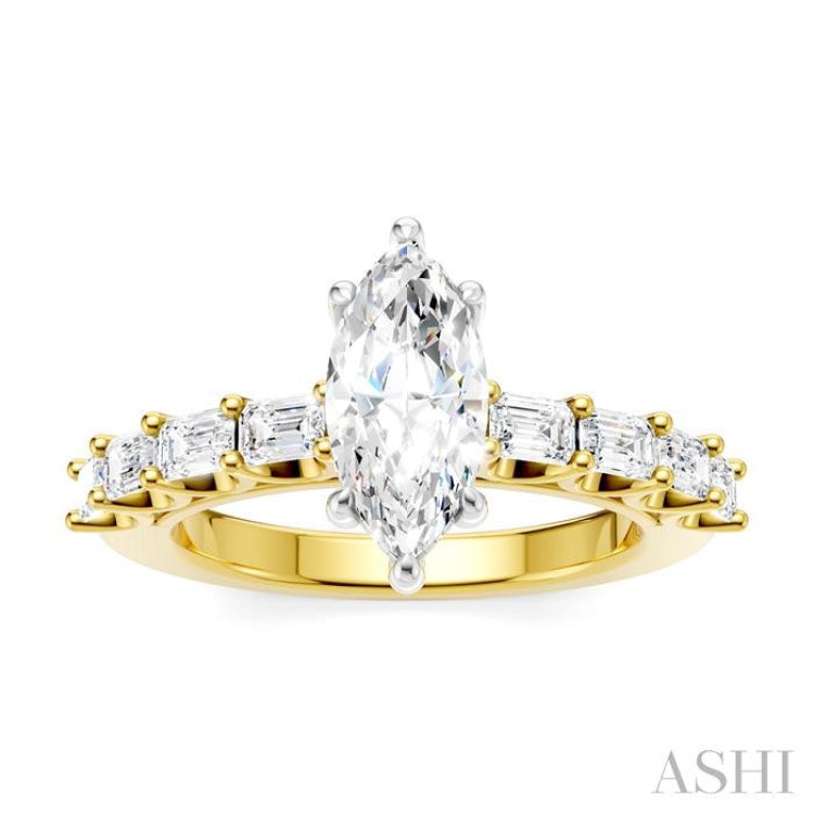 7/8 Ctw Marquise Shape Emerald and Round Cut Diamond Semi-Mount Engagement Ring in 14K Yellow and White Gold
