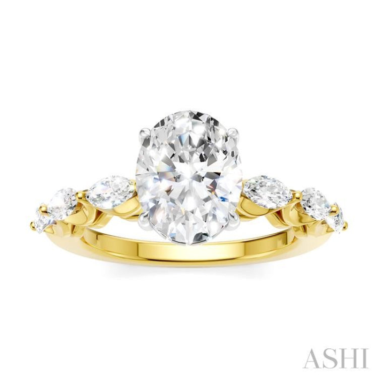 5/8 Ctw Oval Shape Marquise and Round Cut Diamond Semi-Mount Engagement Ring in 14K Yellow and White Gold