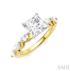 3/4 Ctw Princess Shape Marquise and Round Cut Diamond Semi-Mount Engagement Ring in 14K Yellow and White Gold