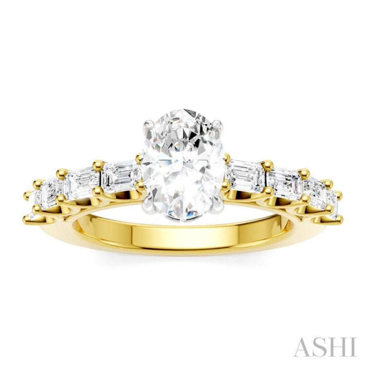 7/8 Ctw Oval Shape Emerald and Round Cut Diamond Semi-Mount Engagement Ring in 14K Yellow and White Gold