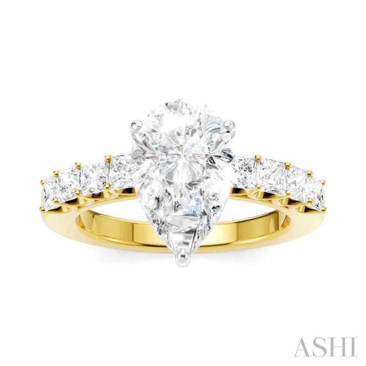 7/8 Ctw Pear Shape Princess and Round Cut Diamond Semi-Mount Engagement Ring in 14K Yellow and White Gold