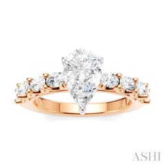 7/8 Ctw Pear Shape Oval and Round Cut Diamond Semi-Mount Engagement Ring in 14K Rose and White Gold