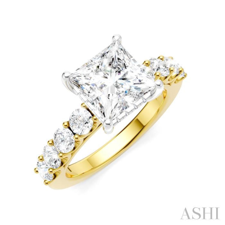 7/8 Ctw Princess Shape Round Cut Diamond Semi-Mount Engagement Ring in 14K Yellow and White Gold