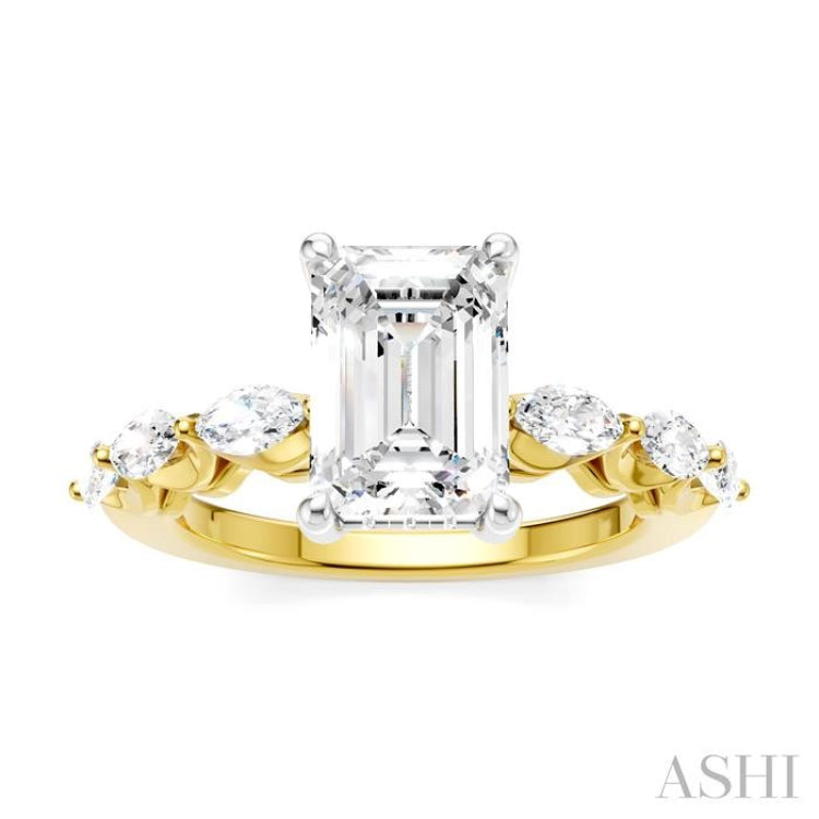3/4 Ctw Emerald Shape Marquise and Round Cut Diamond Semi-Mount Engagement Ring in 14K Yellow and White Gold