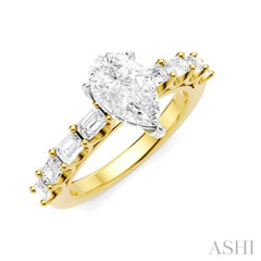 7/8 Ctw Pear Shape Emerald and Round Cut Diamond Semi-Mount Engagement Ring in 14K Yellow and White Gold