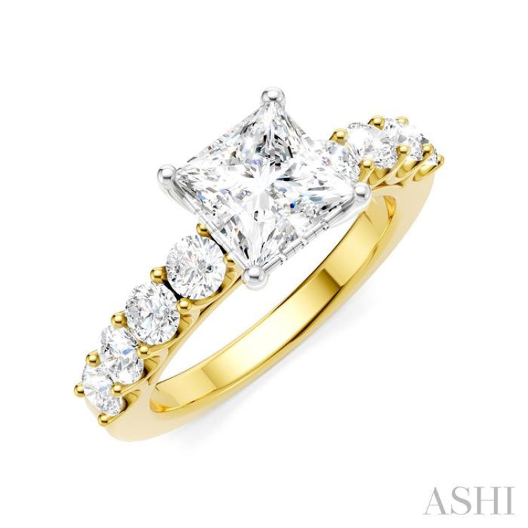 7/8 Ctw Princess Shape Round Cut Diamond Semi-Mount Engagement Ring in 14K Yellow and White Gold