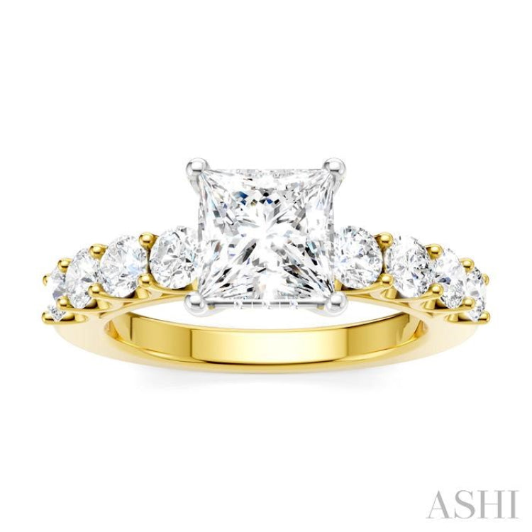7/8 Ctw Princess Shape Round Cut Diamond Semi-Mount Engagement Ring in 14K Yellow and White Gold