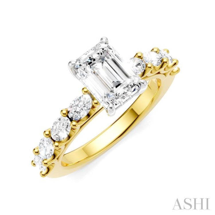 7/8 Ctw Emerald Shape Oval and Round Cut Diamond Semi-Mount Engagement Ring in 14K Yellow and White Gold