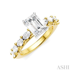 7/8 Ctw Emerald Shape Oval and Round Cut Diamond Semi-Mount Engagement Ring in 14K Yellow and White Gold