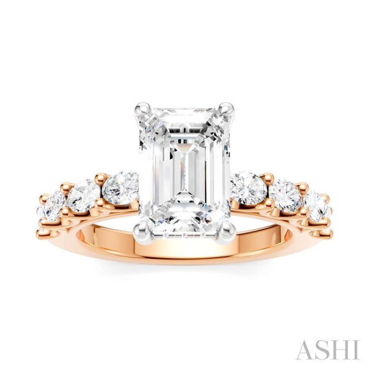 7/8 Ctw Emerald Shape Oval and Round Cut Diamond Semi-Mount Engagement Ring in 14K Rose and White Gold