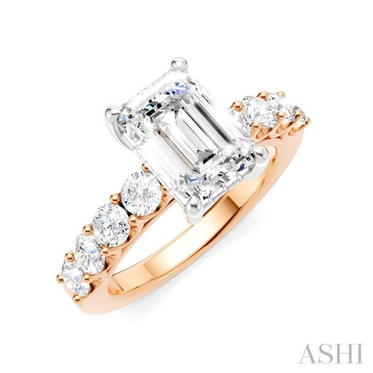 7/8 Ctw Emerald Shape Round Cut Diamond Semi-Mount Engagement Ring in 14K Rose and White Gold