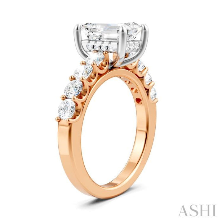 7/8 Ctw Emerald Shape Round Cut Diamond Semi-Mount Engagement Ring in 14K Rose and White Gold