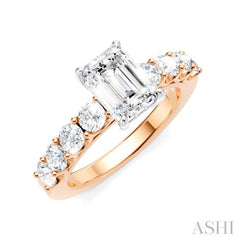 7/8 Ctw Emerald Shape Round Cut Diamond Semi-Mount Engagement Ring in 14K Rose and White Gold