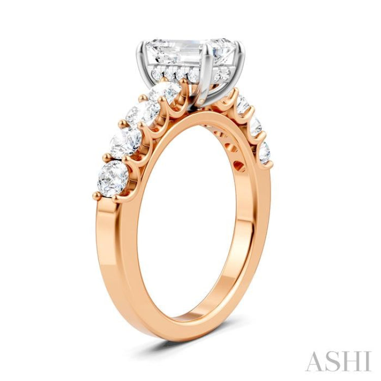 7/8 Ctw Emerald Shape Round Cut Diamond Semi-Mount Engagement Ring in 14K Rose and White Gold