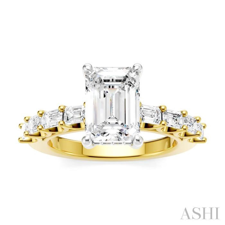 7/8 Ctw Emerald Shape Emerald and Round Cut Diamond Semi-Mount Engagement Ring in 14K Yellow and White Gold