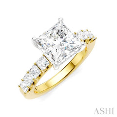 7/8 Ctw Princess Shape Princess and Round Cut Diamond Semi-Mount Engagement Ring in 14K Yellow and White Gold