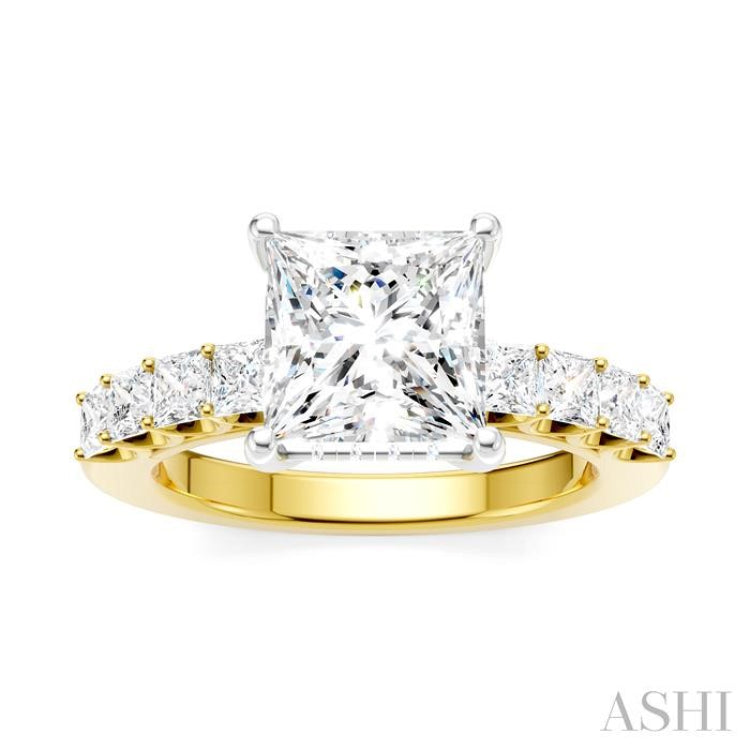 7/8 Ctw Princess Shape Princess and Round Cut Diamond Semi-Mount Engagement Ring in 14K Yellow and White Gold