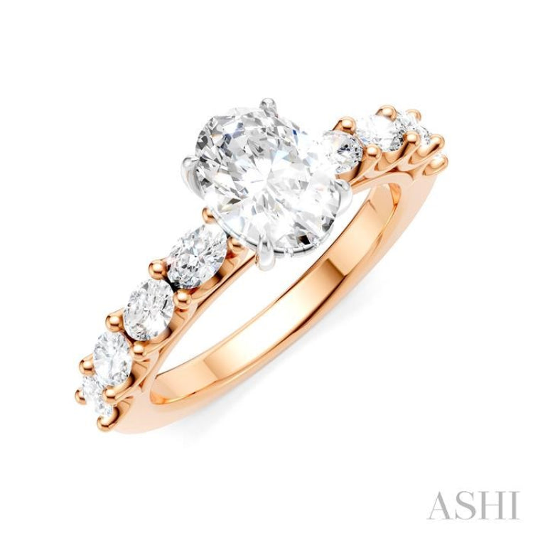 7/8 Ctw Oval Shape Oval and Round Cut Diamond Semi-Mount Engagement Ring in 14K Rose and White Gold