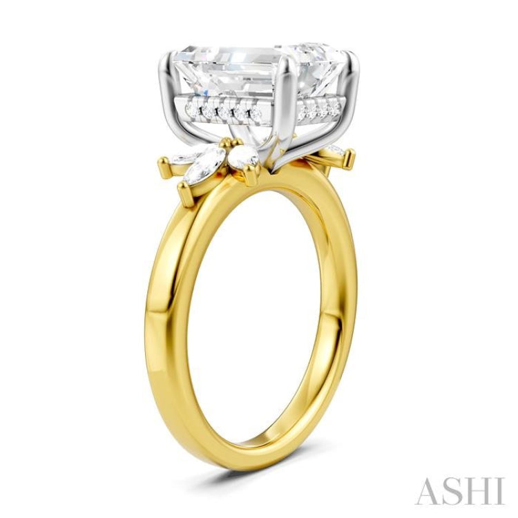 5/8 Ctw Emerald Shape Marquise and Round Cut Diamond Semi-Mount Engagement Ring in 14K Yellow and White Gold